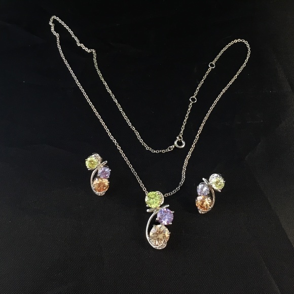 Necklace ER Set No Tarnish Sterling Silver CZ Pendant Earrings - Picture 3 of 6